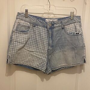 Indigo Rein Light Blue Gingham Patch Denim Shorts - Women's